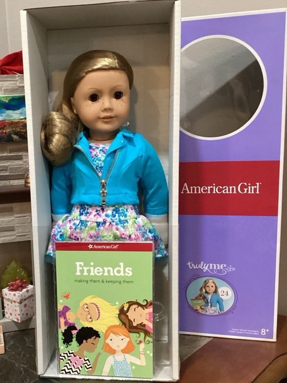 American Girl Doll in Turquoise Jacket and Floral Skirt